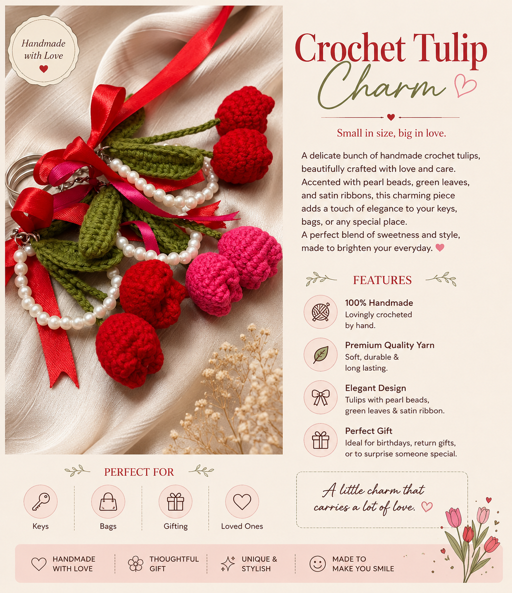 Handmade Crochet Tulip Keychain Charm – Cute Floral Bag & Key Accessory
