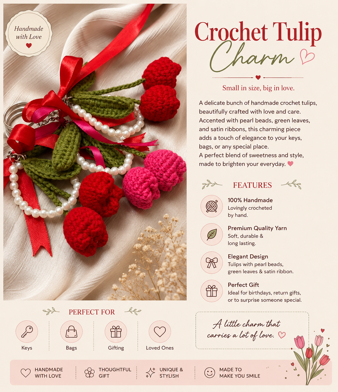 Handmade Crochet Tulip Keychain Charm – Cute Floral Bag & Key Accessory