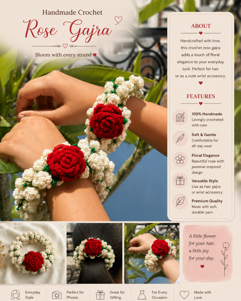 Handmade Crochet Rose Gajra – Floral Hair Tie & Wrist Accessory