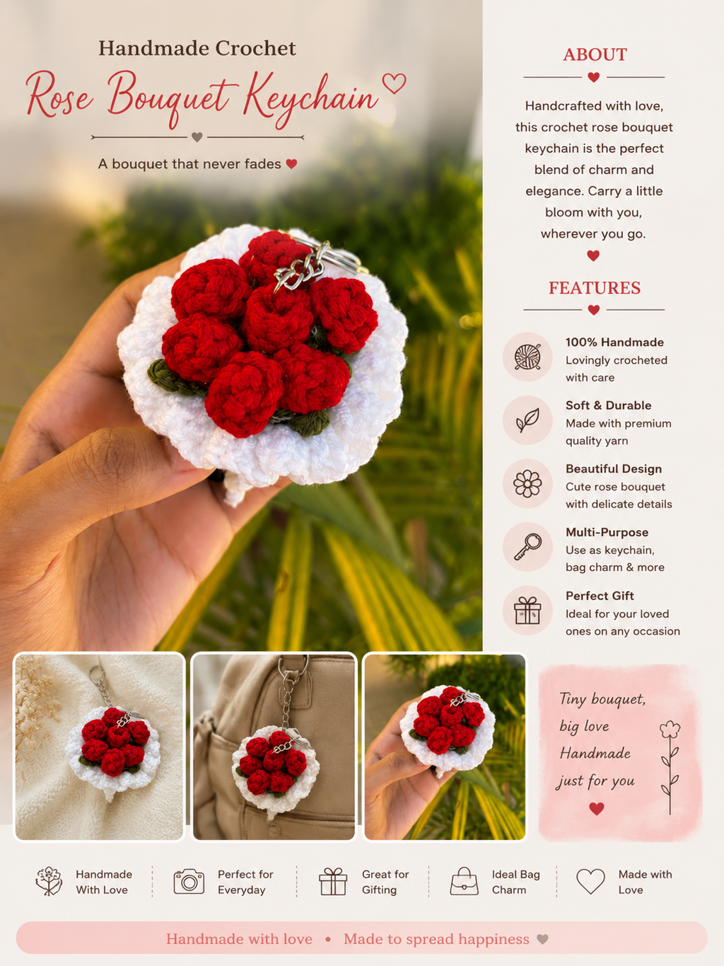 Handmade Crochet Rose Bouquet Keychain – Mini Floral Charm