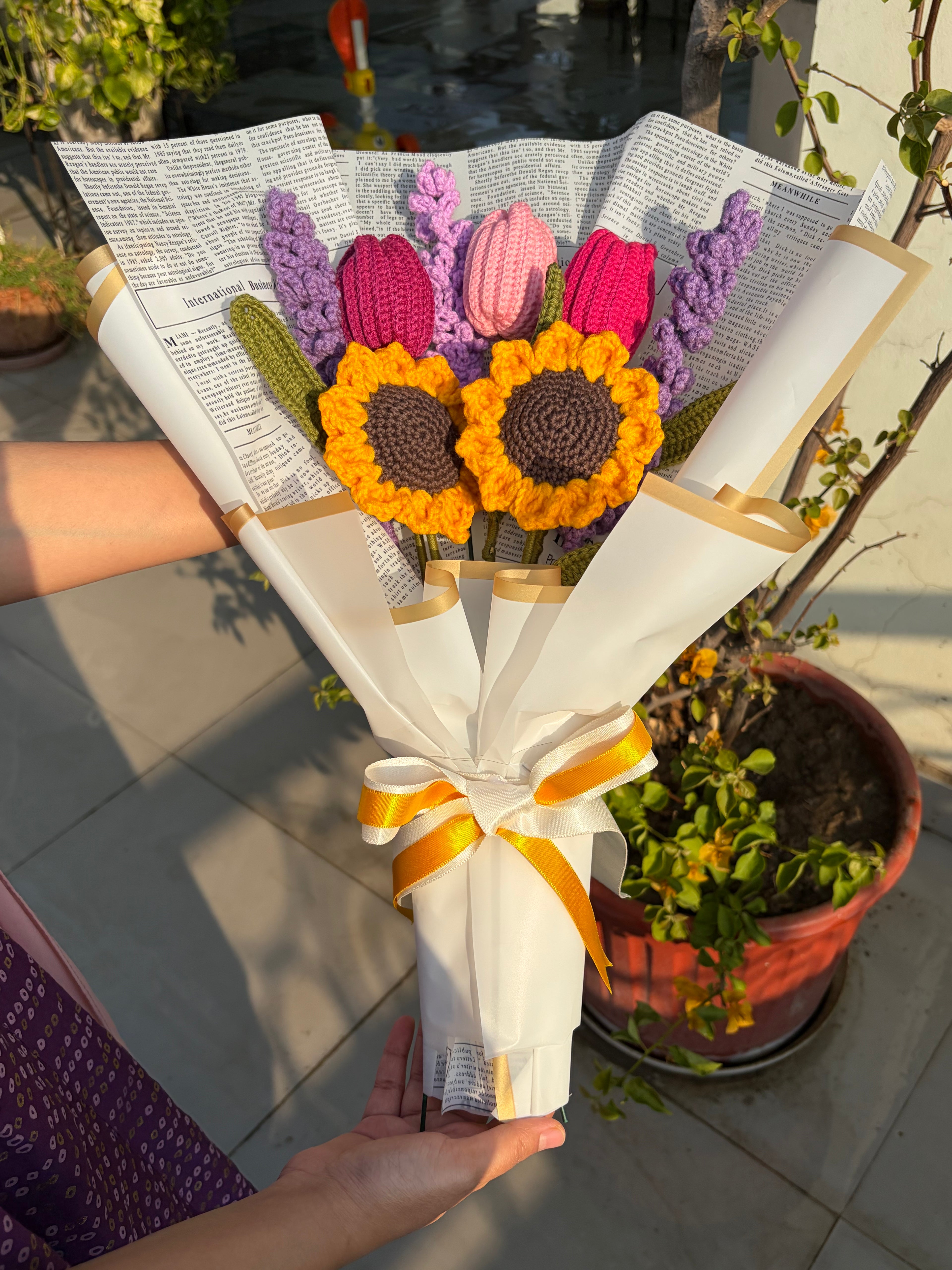 Sunflower & Tulip Crochet Bouquet