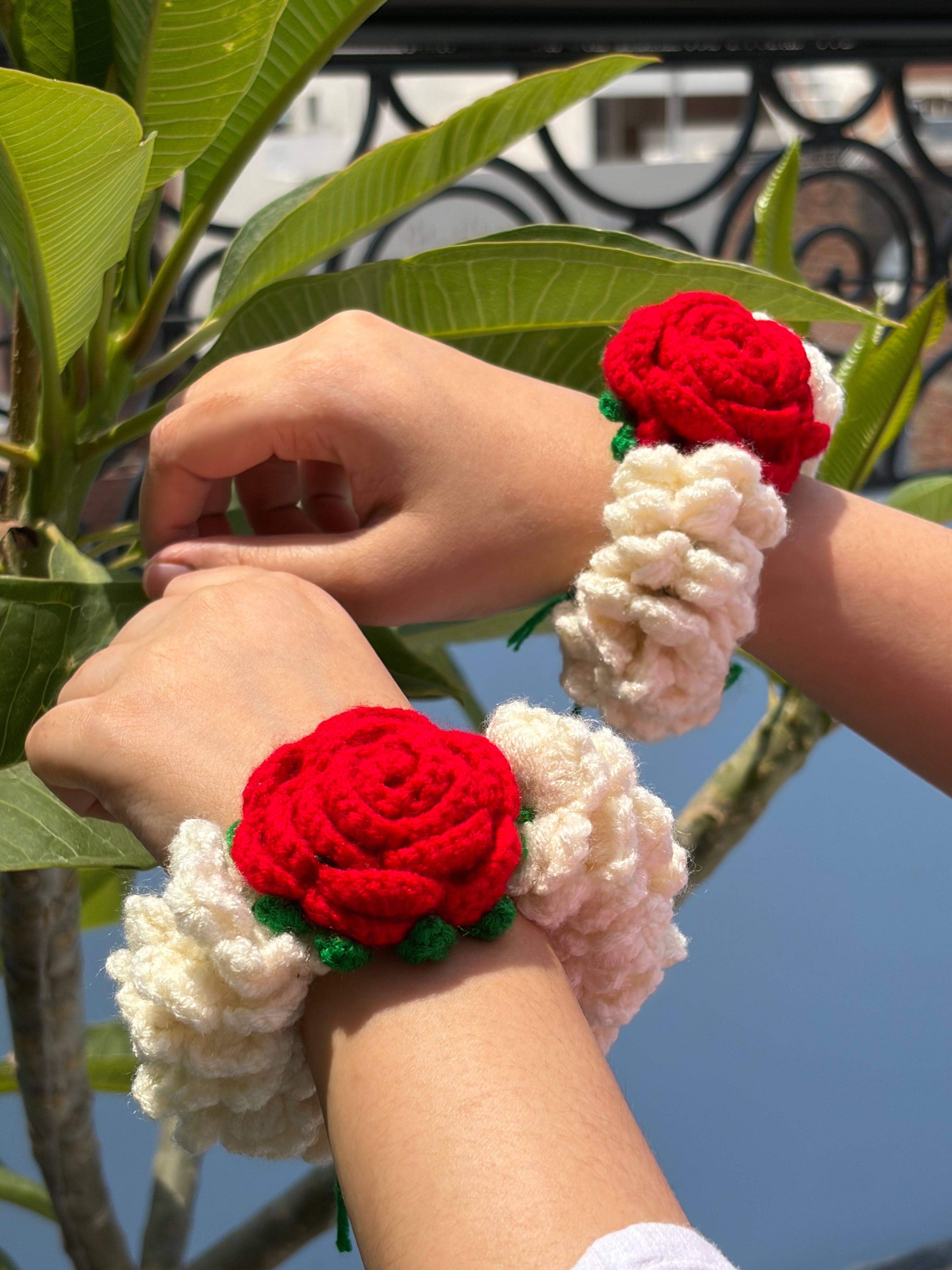 Handmade Crochet Rose Gajra – Floral Hair Tie & Wrist Accessory